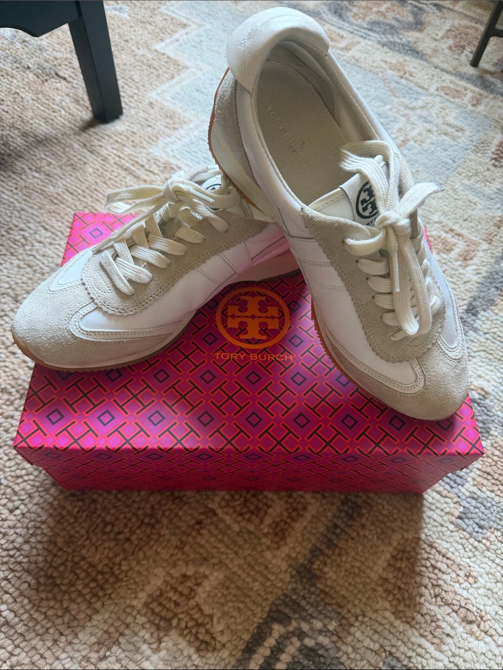 Tory Burch Off-White & Beige Suede Leather Sneakers. Dust bag and box included.